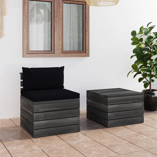 2-delige Loungeset met kussens pallet massief grenenhout 1