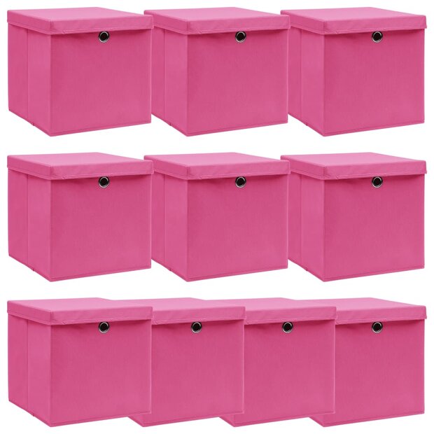 Opbergboxen met deksel 10 st 32x32x32 cm stof roze 1
