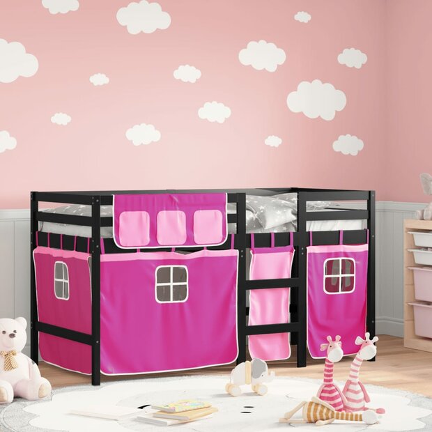 Kinderhoogslaper met gordijnen 90x190 cm grenenhout roze 1