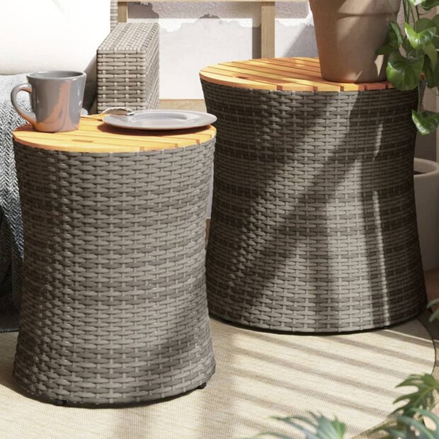 Tuinbijzettafels 2 st met houten blad poly rattan grijs 1
