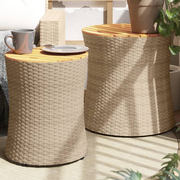 Tuinbijzettafels 2 st met houten blad poly rattan beige 1