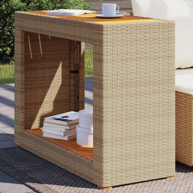Tuinbijzettafel met houten blad 100x40x75 cm poly rattan beige 1