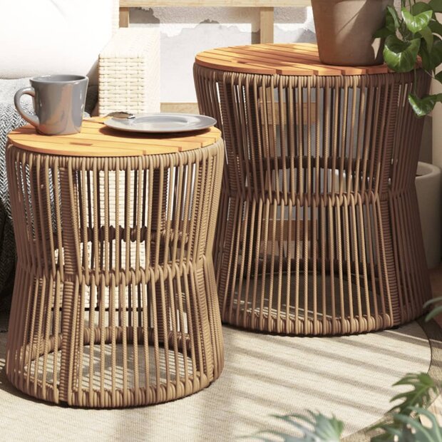 Tuinbijzettafels 2 st met houten blad poly rattan beige 1