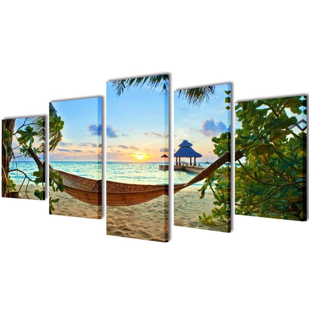 Canvas muurdruk set zandstrand met hangmat 200 x 100 cm 1