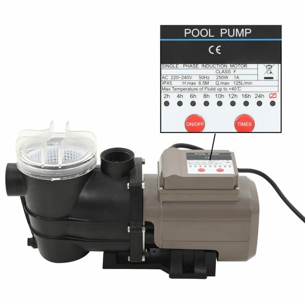 Zwembadpomp met timer 0,25 pk 8000 L/u zwart 1