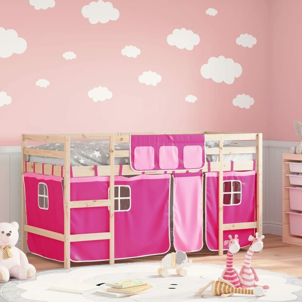 Kinderhoogslaper met gordijnen 90x190 cm grenenhout roze 1
