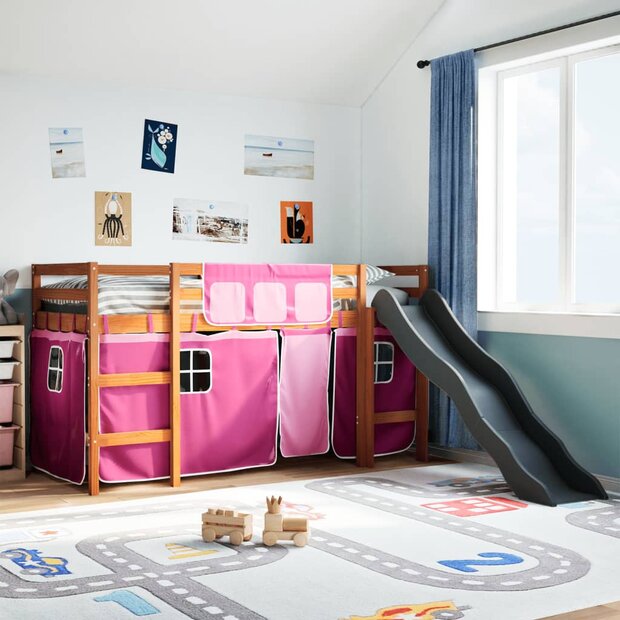 Kinderhoogslaper met gordijnen 80x200 cm grenenhout roze 1
