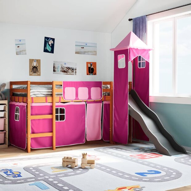 Kinderhoogslaper met toren 80x200 cm massief grenenhout roze 1