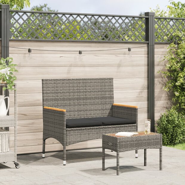 Tuinbank 2-zits met kussens en tafel poly rattan grijs 1