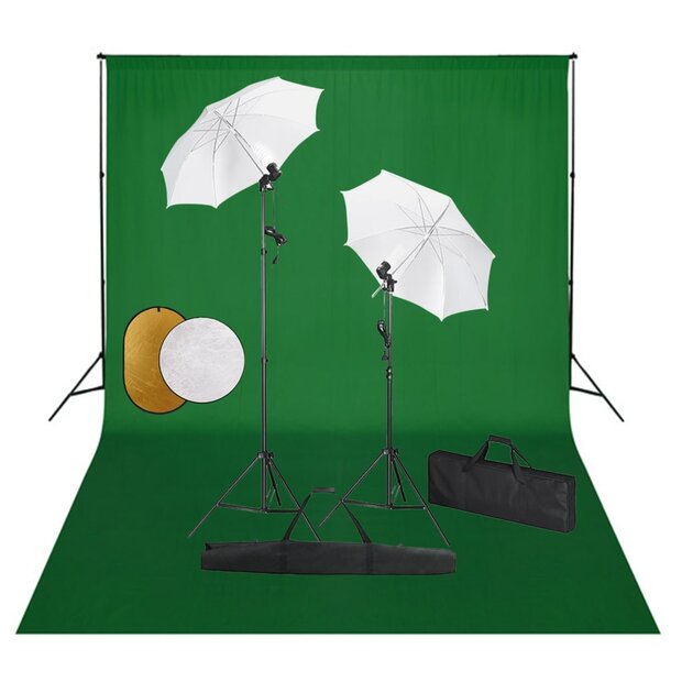 Fotostudioset met lampen, paraplu&amp;apos;s, achtergrond en reflector 1