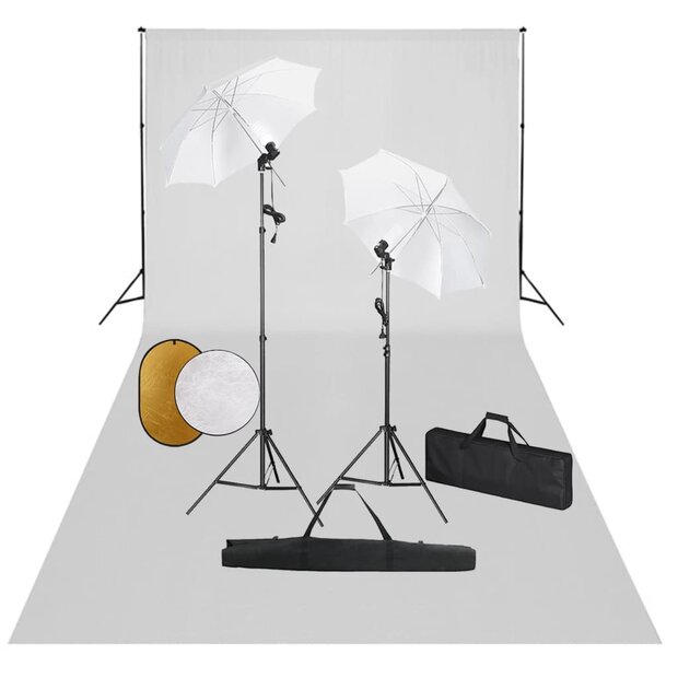 Fotostudioset met lampen, paraplu&amp;apos;s, achtergrond en reflector 1