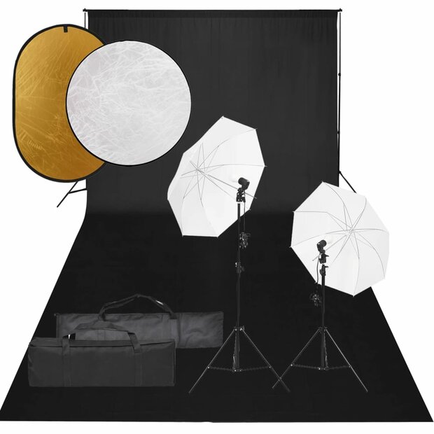 Fotostudioset met verlichtingsset, achtergrond en reflector 1