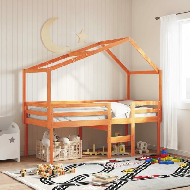 Hoogslaper met dak massief grenenhout wasbruin 90x200 cm 1