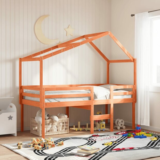 Hoogslaper met bedhuis massief grenenhout wasbruin 80x200 cm 1