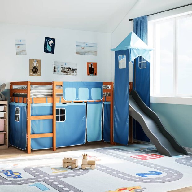 Kinderhoogslaper met toren 80x200 cm massief grenenhout blauw 1