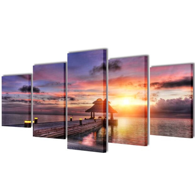 Canvas muurdruk set zandstrand met paviljoen 100 x 50 cm 1