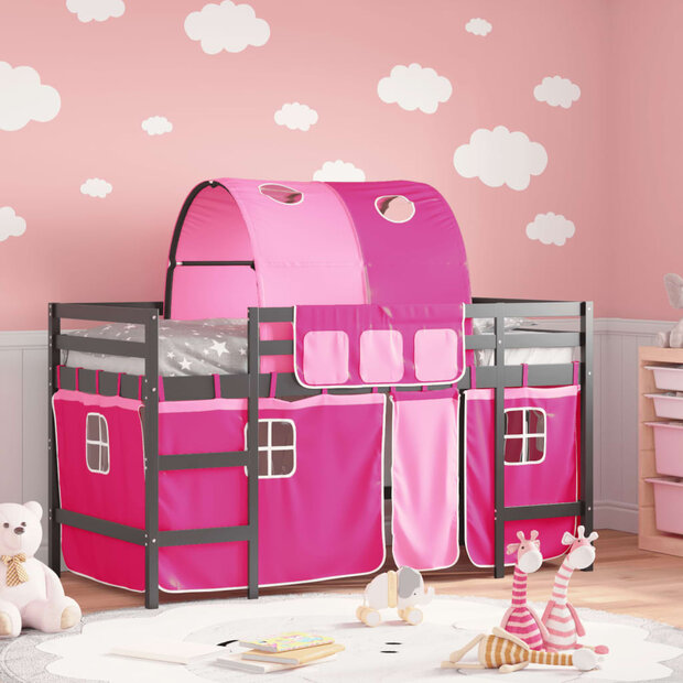 Kinderhoogslaper met tunnel 90x200 cm massief grenenhout roze 1