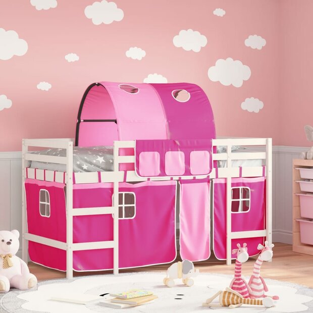 Kinderhoogslaper met tunnel 90x190 cm massief grenenhout roze 1