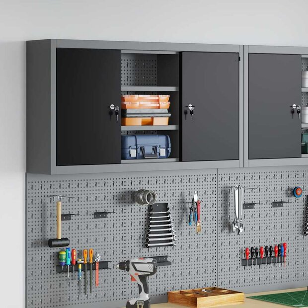 Gereedschapskast wandmontage pegboard 100x20x55 cm staal zwart 1
