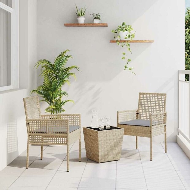 3-delige bistroset voor in de tuin met kussens in beige van poly rattan 1