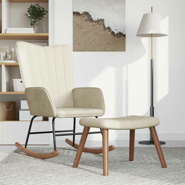 Schommelstoel met voetenbank fluweel cr&egrave;mewit 1