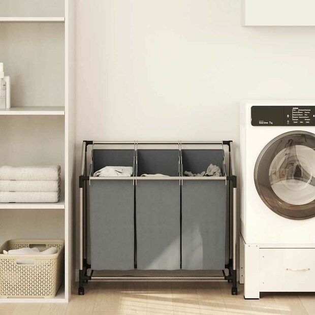 Wasmand met wielen 3 vakken grijs 1