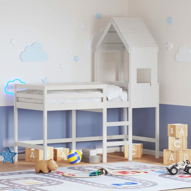 Halfhoogslaper met ladder en bedhuis grenenhout wit 90x190 cm 1