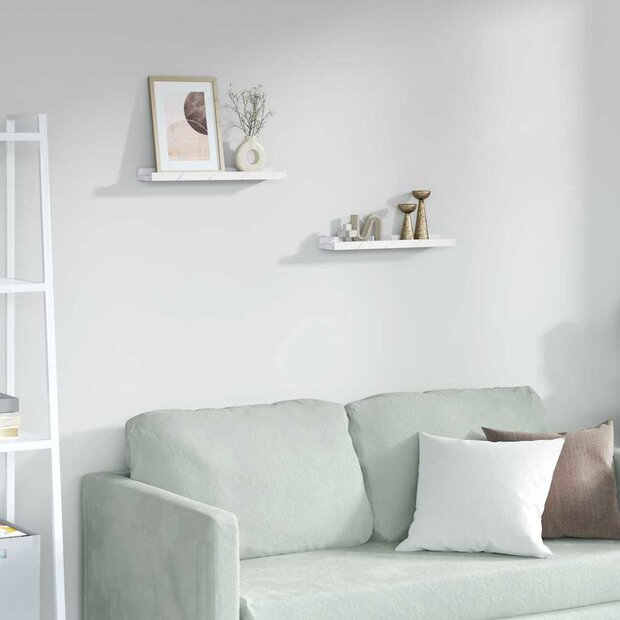Wandplank met plank 2 pcs Wit Marmer 40 x 9 x 3 cm Bewerkt hout 1