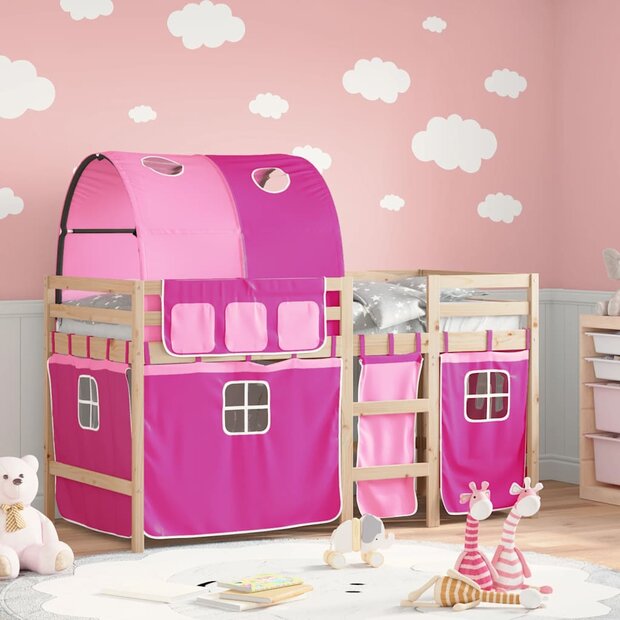 Kinderhoogslaper met tunnel 90x190 cm massief grenenhout roze 1
