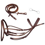 Hoofdstel leer met gecombineerde neusriem, teugels en bit bruin pony Hoofdstel leer met gecombineerde neusriem, teugels en bit bruin pony