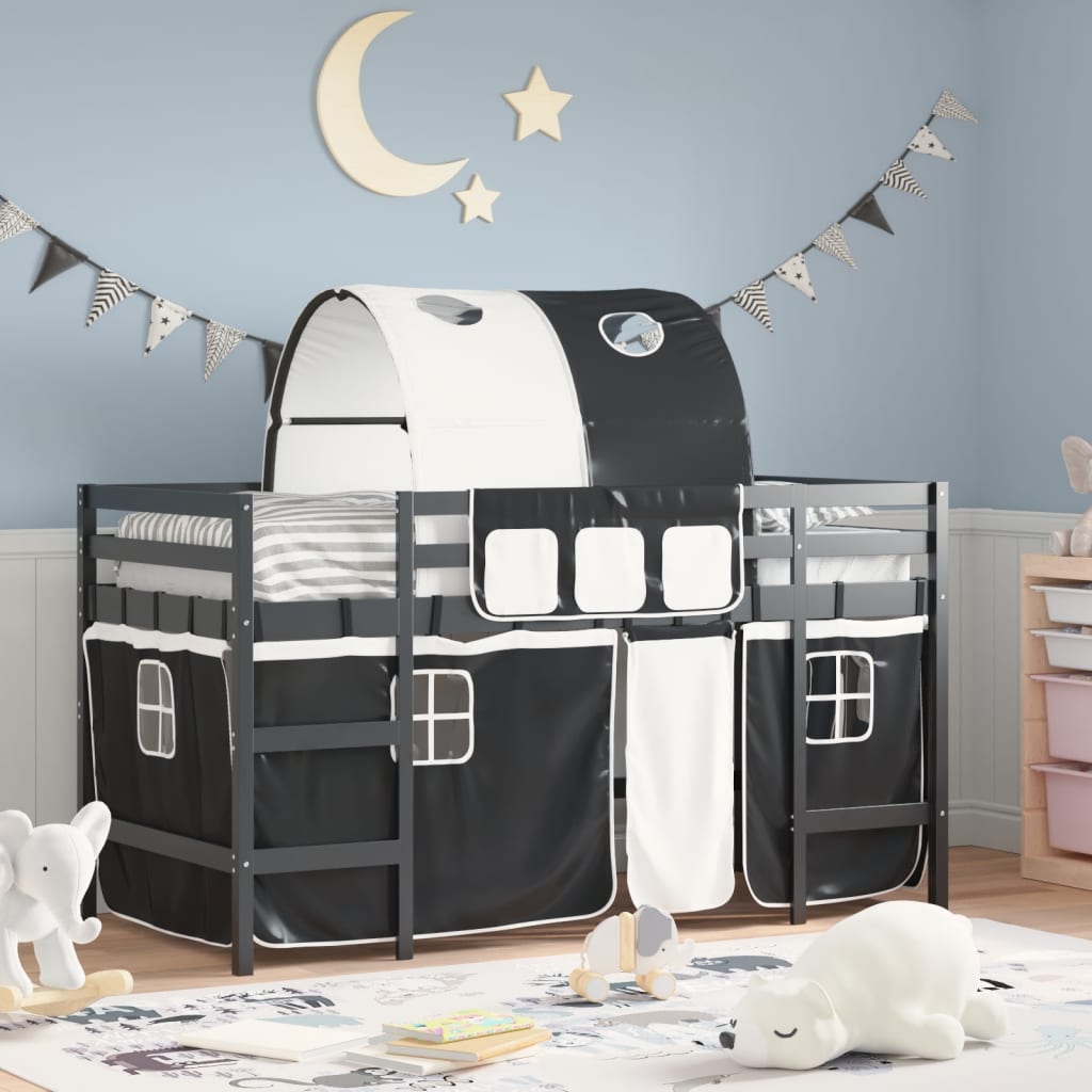 VidaXL Kinderhoogslaper met tunnel 90x200 cm grenenhout wit en zwart