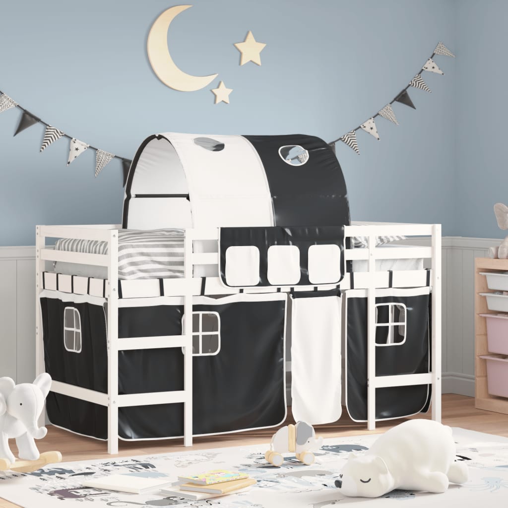 VidaXL Kinderhoogslaper met tunnel 90x190 cm grenenhout wit en zwart