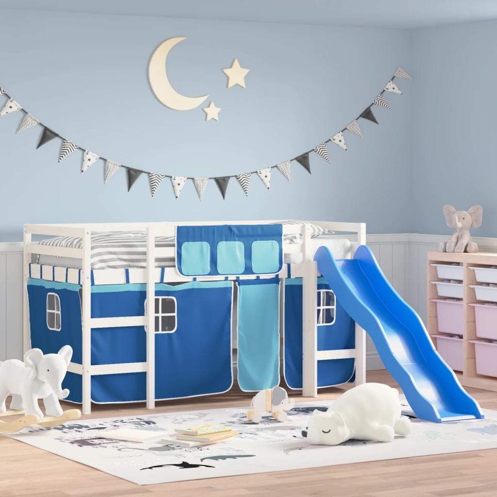VidaXL Kinderhoogslaper met gordijnen 80x200 cm grenenhout blauw