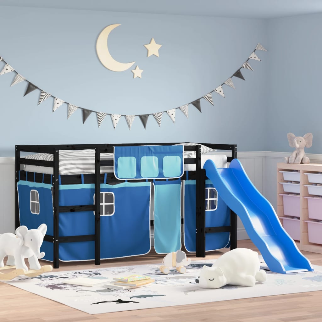 VidaXL Kinderhoogslaper met gordijnen 90x190 cm grenenhout blauw