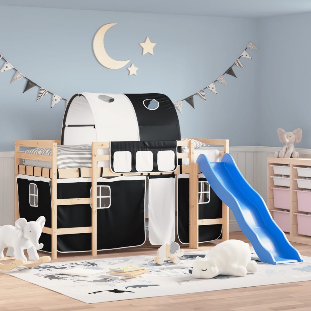 VidaXL Kinderhoogslaper met tunnel 80x200 cm grenenhout wit en zwart