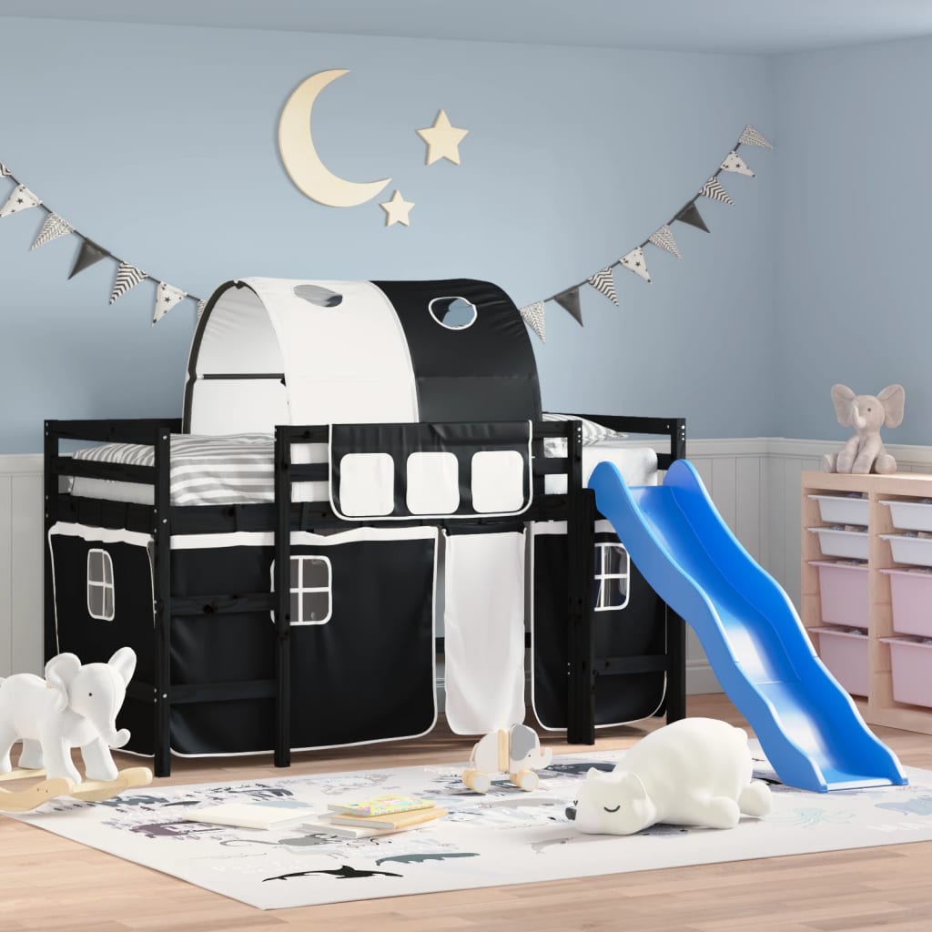 VidaXL Kinderhoogslaper met tunnel 90x190 cm grenenhout wit en zwart