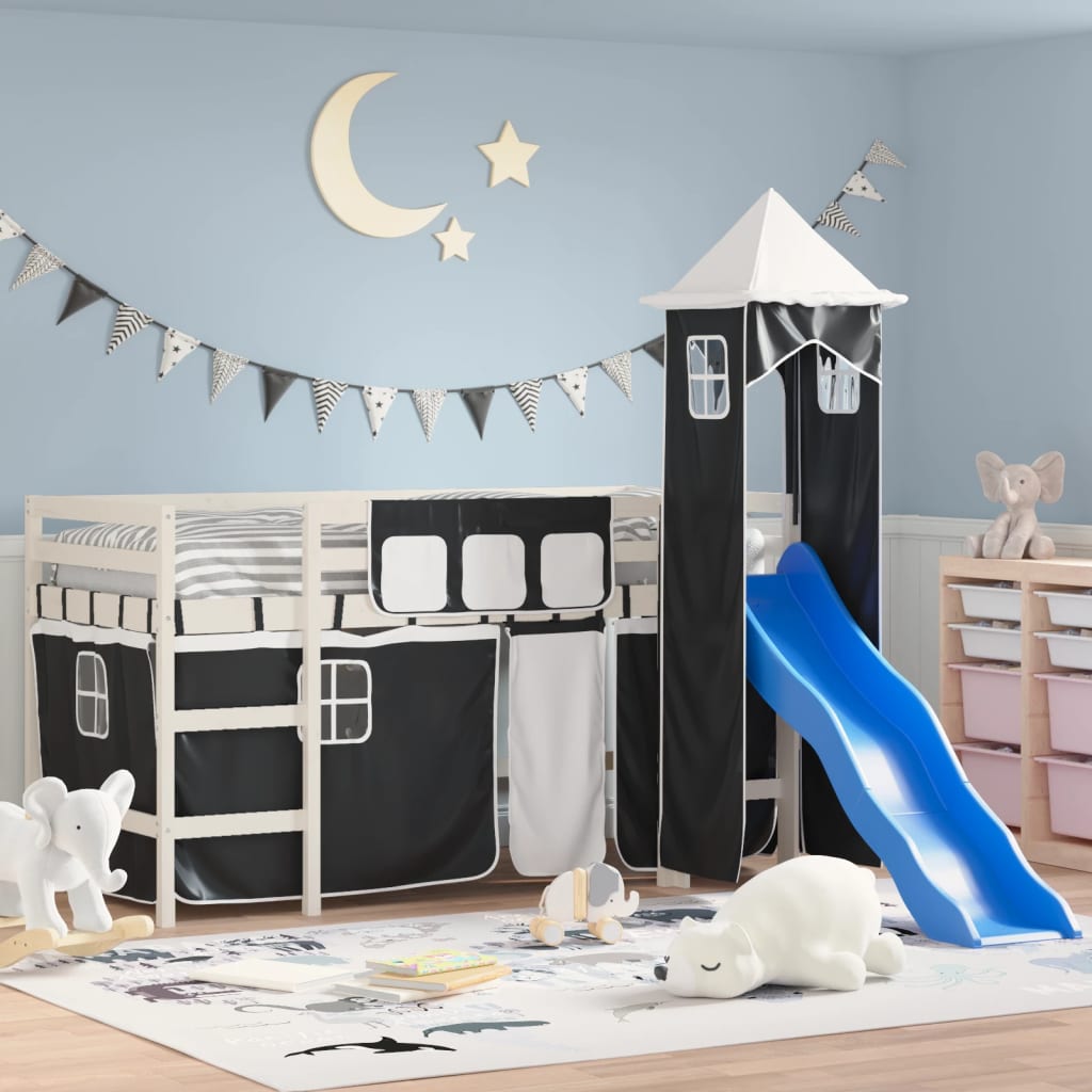 VidaXL Kinderhoogslaper met toren 80x200 cm grenenhout wit en zwart