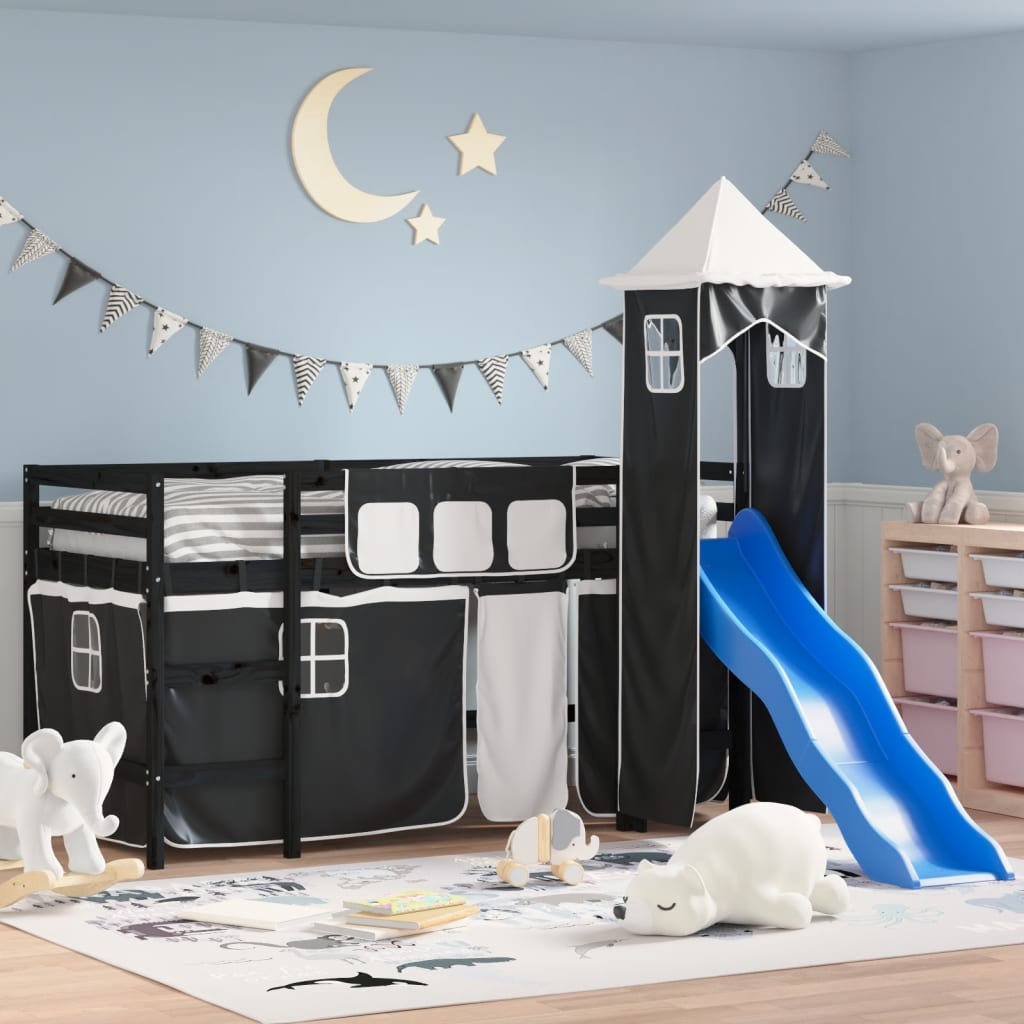 VidaXL Kinderhoogslaper met toren 80x200 cm grenenhout wit en zwart