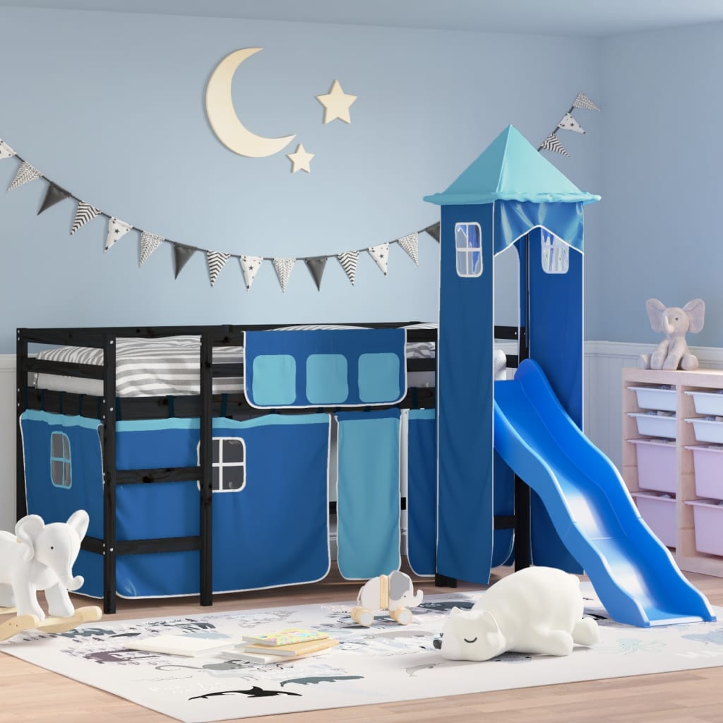 VidaXL Kinderhoogslaper met toren 90x190 cm massief grenenhout blauw