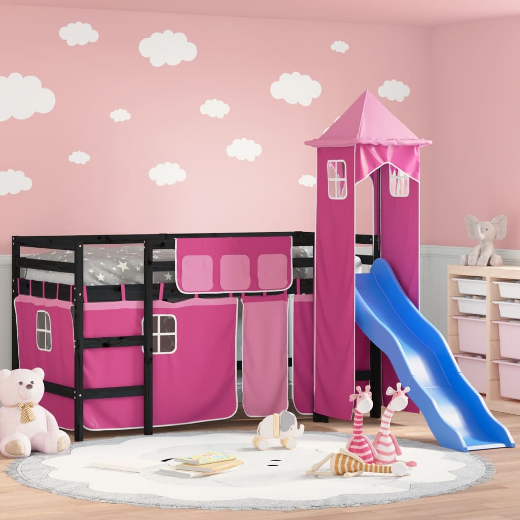 VidaXL Kinderhoogslaper met toren 90x190 cm massief grenenhout roze