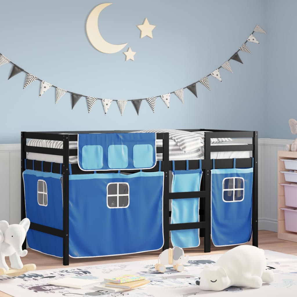 VidaXL Kinderhoogslaper met gordijnen 80x200 cm grenenhout blauw
