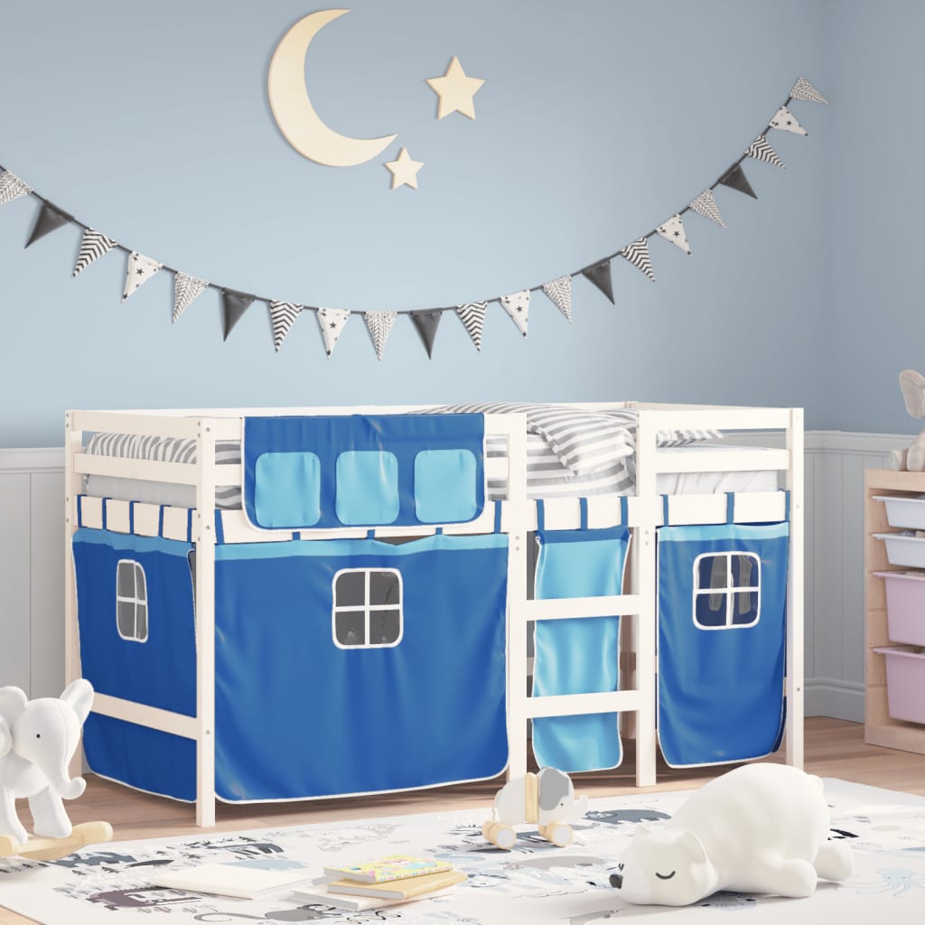 VidaXL Kinderhoogslaper met gordijnen 90x200 cm grenenhout blauw