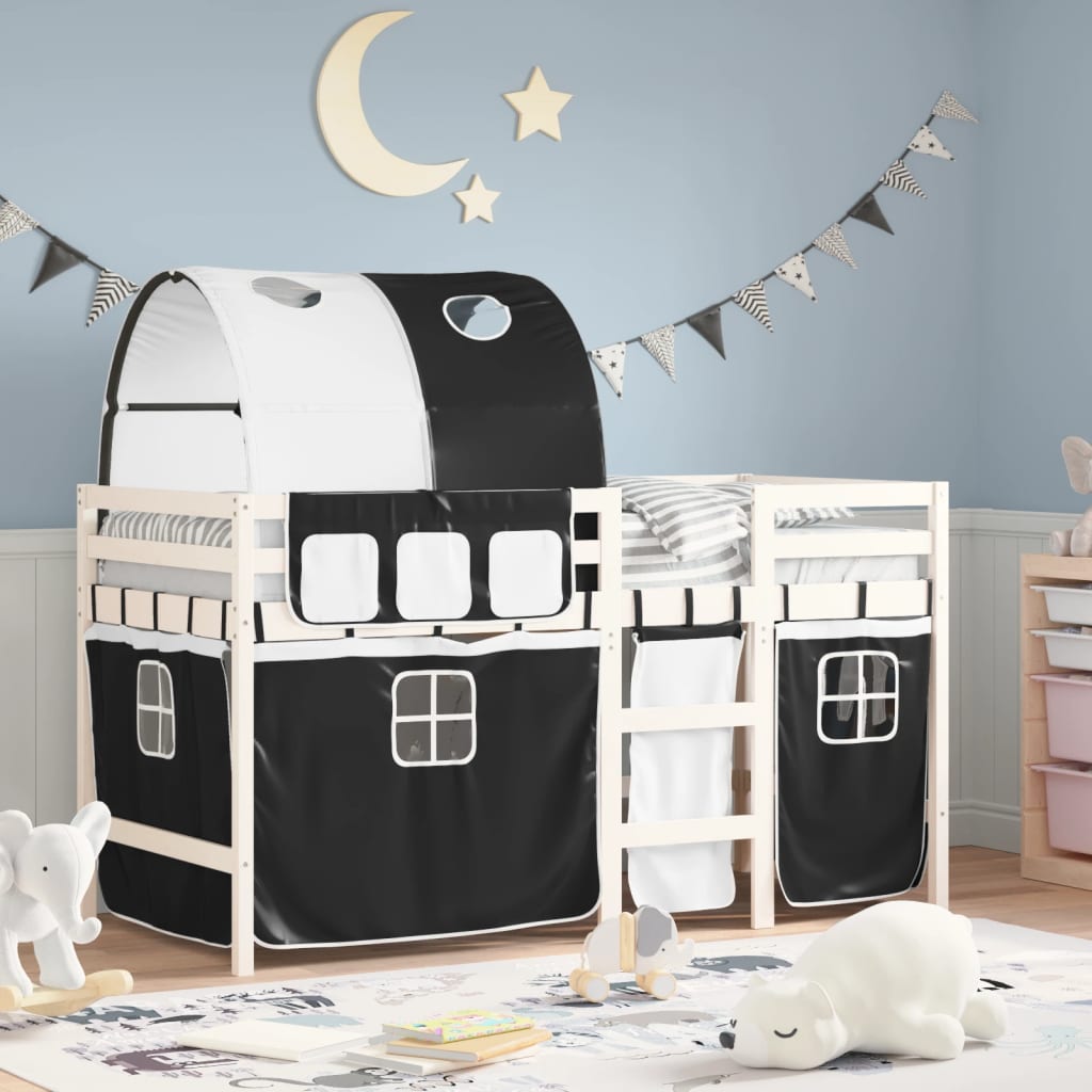 VidaXL Kinderhoogslaper met tunnel 80x200 cm grenenhout wit en zwart