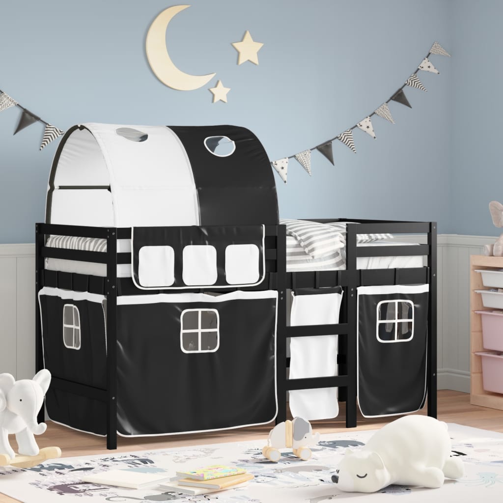 VidaXL Kinderhoogslaper met tunnel 80x200 cm grenenhout wit en zwart