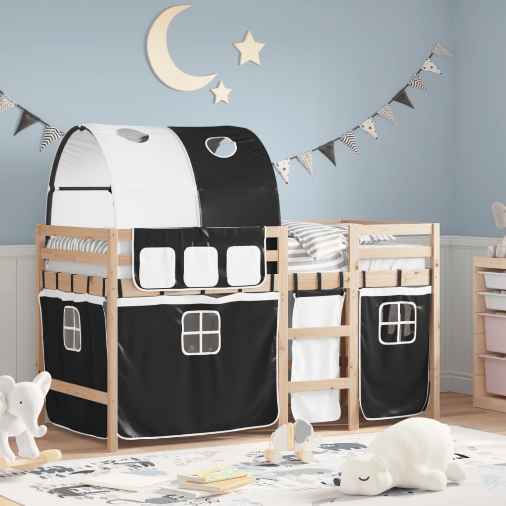 VidaXL Kinderhoogslaper met tunnel 90x200 cm grenenhout wit en zwart