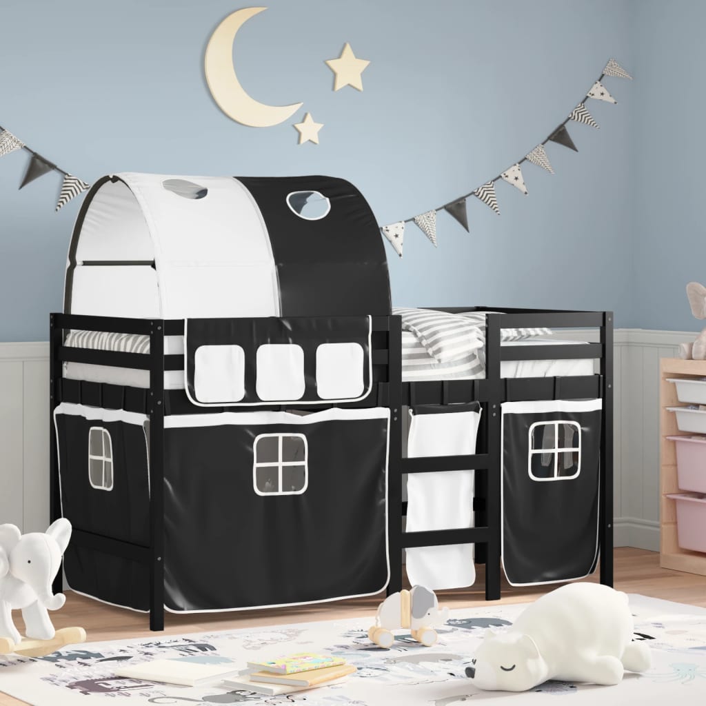 VidaXL Kinderhoogslaper met tunnel 90x200 cm grenenhout wit en zwart