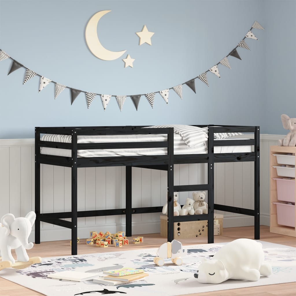 VidaXL Kinderhoogslaper met ladder 90x200 cm massief grenenhout zwart