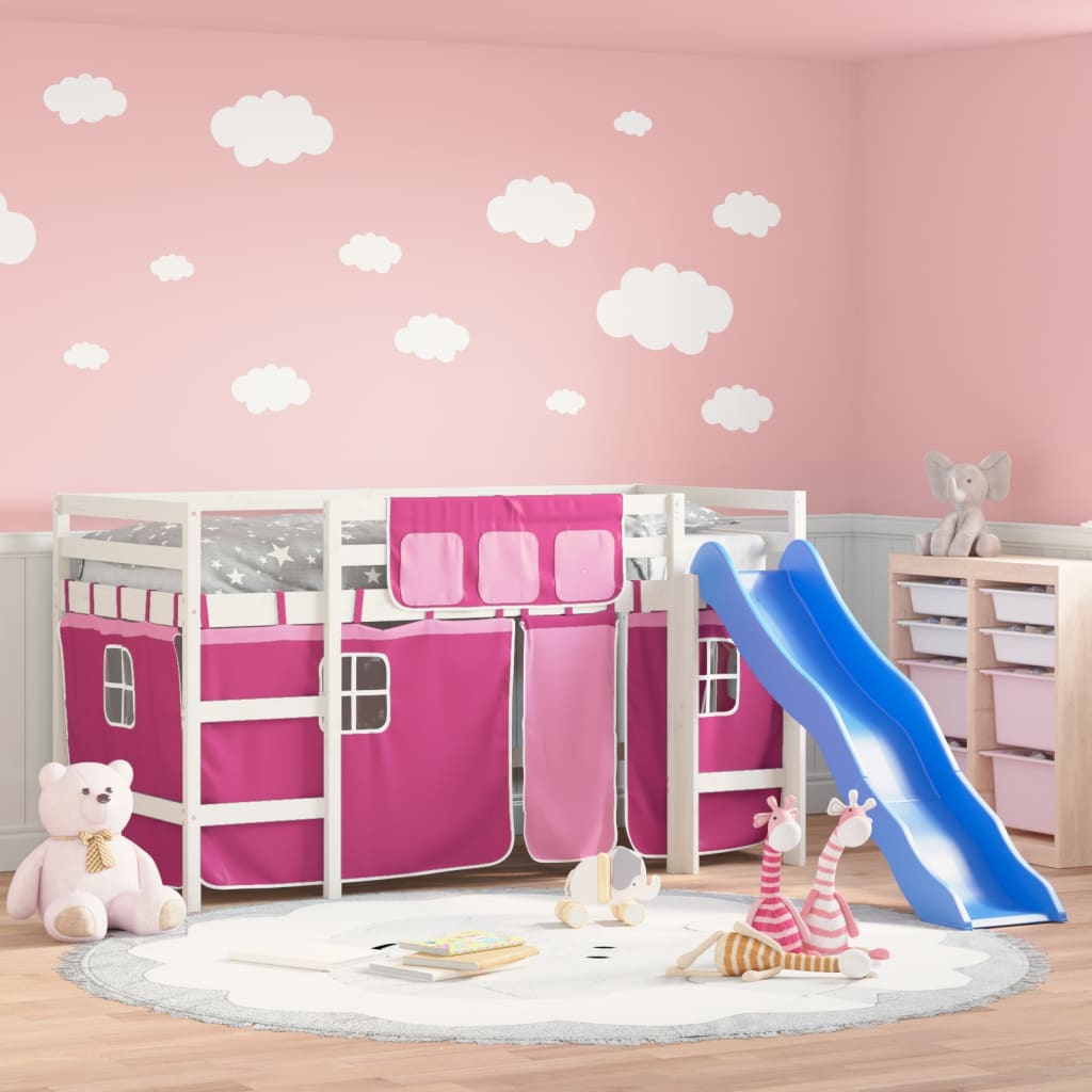 VidaXL Kinderhoogslaper met gordijnen 80x200 cm grenenhout roze
