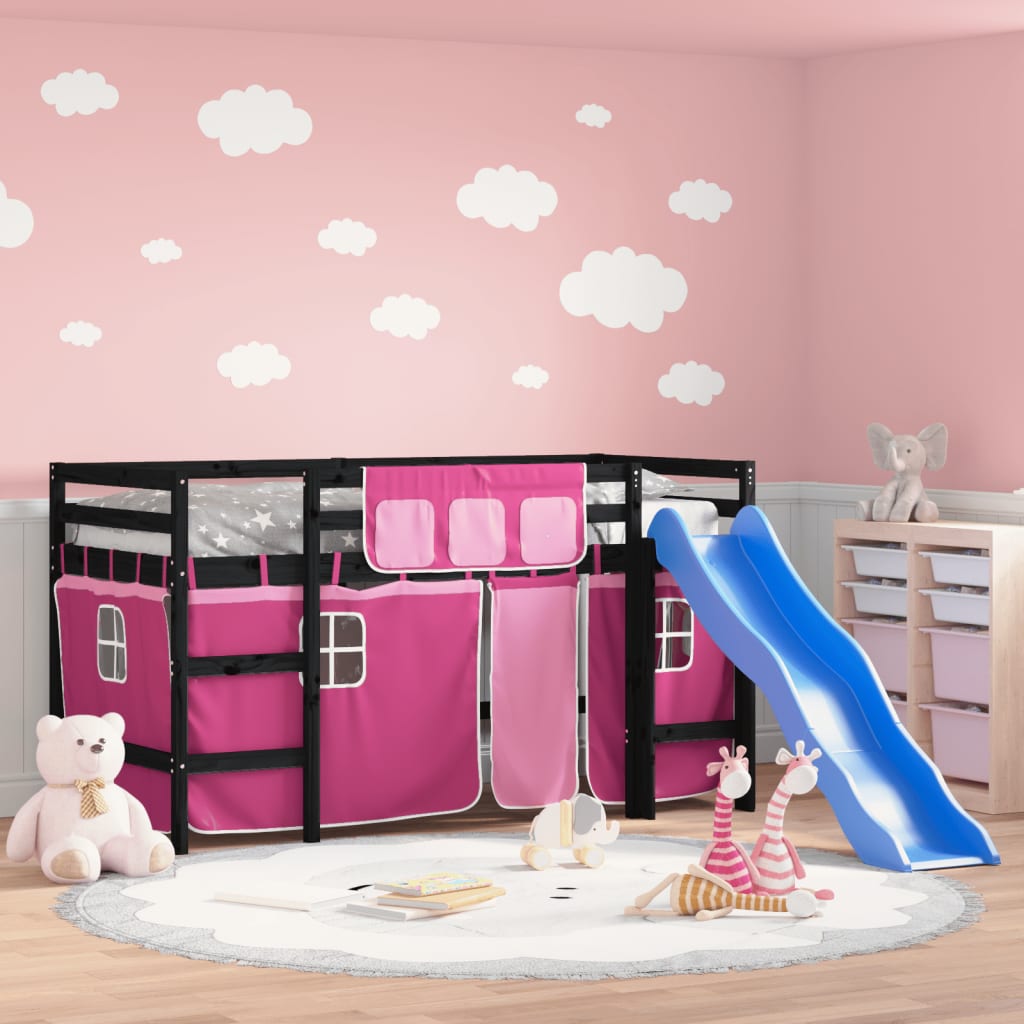 VidaXL Kinderhoogslaper met gordijnen 90x190 cm grenenhout roze