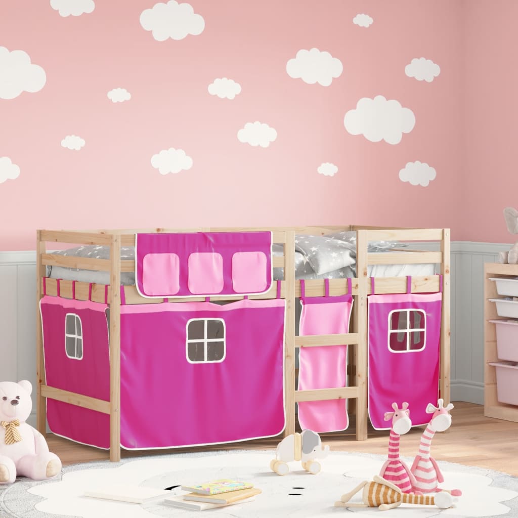 VidaXL Kinderhoogslaper met gordijnen 90x200 cm grenenhout roze